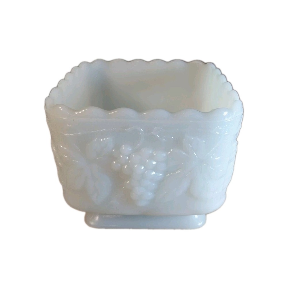 MCM Anchor Hocking Harvest Grape Wh. Milk Glass Square Trinket , Candy, Cottage